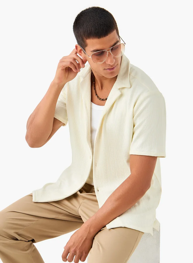 Splash FAV Regular Fit Dobby Textured Shirt with Camp Collar and Short Sleeves