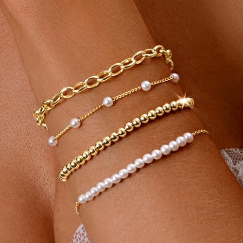 Zeffy Pearl Bracelets for Women, Gold Pearl Beaded Stackable Bracelets Charm Dainty Pearl Bracelet Stack Paperclip Link Chain Layered Bracelet Trendy Gold Bridesmaid Jewelry Set for Women - Image 2