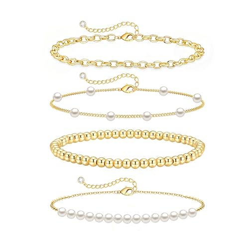 Zeffy Pearl Bracelets for Women, Gold Pearl Beaded Stackable Bracelets Charm Dainty Pearl Bracelet Stack Paperclip Link Chain Layered Bracelet Trendy Gold Bridesmaid Jewelry Set for Women - Image 1