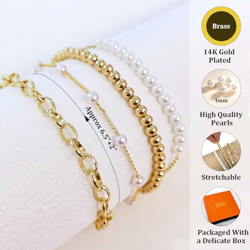 Zeffy Pearl Bracelets for Women, Gold Pearl Beaded Stackable Bracelets Charm Dainty Pearl Bracelet Stack Paperclip Link Chain Layered Bracelet Trendy Gold Bridesmaid Jewelry Set for Women - Image 5