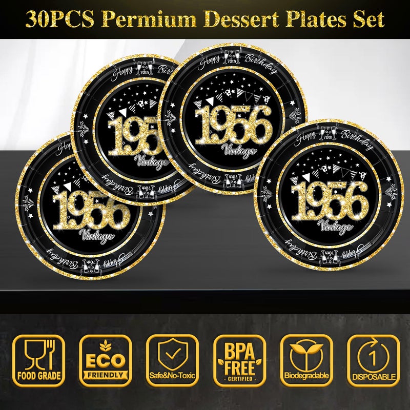 algpty 60 PCS Vintage 70th Birthday Plates and Napkins Set, 70th Birthday Decorations Black and Gold, Service for 30, 1956 Dessert Plates and Napkins Party Supplies for Men Women - Image 2