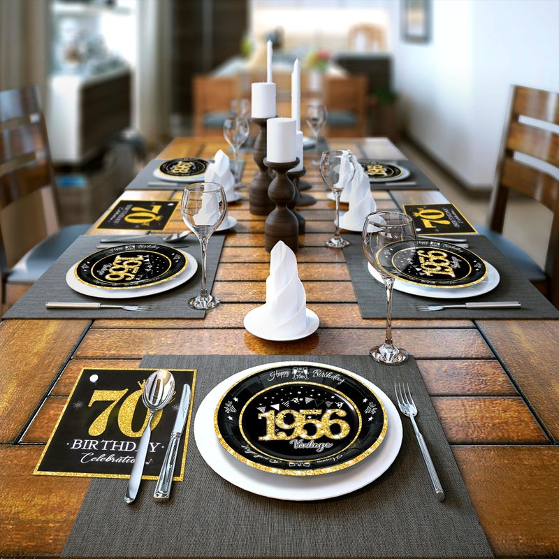 algpty 60 PCS Vintage 70th Birthday Plates and Napkins Set, 70th Birthday Decorations Black and Gold, Service for 30, 1956 Dessert Plates and Napkins Party Supplies for Men Women - Image 5