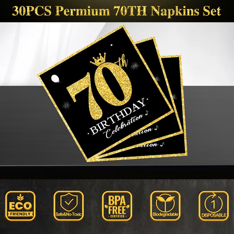 algpty 60 PCS Vintage 70th Birthday Plates and Napkins Set, 70th Birthday Decorations Black and Gold, Service for 30, 1956 Dessert Plates and Napkins Party Supplies for Men Women - Image 3