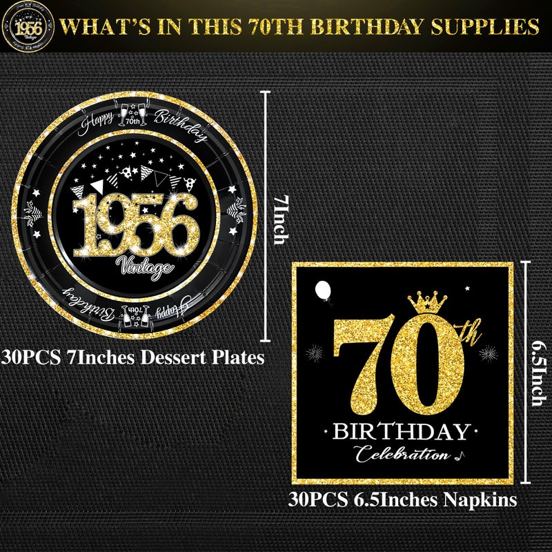 algpty 60 PCS Vintage 70th Birthday Plates and Napkins Set, 70th Birthday Decorations Black and Gold, Service for 30, 1956 Dessert Plates and Napkins Party Supplies for Men Women - Image 4