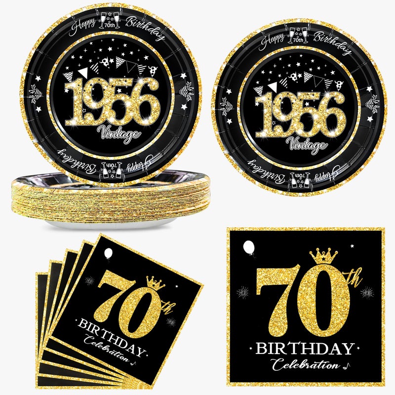 algpty 60 PCS Vintage 70th Birthday Plates and Napkins Set, 70th Birthday Decorations Black and Gold, Service for 30, 1956 Dessert Plates and Napkins Party Supplies for Men Women - Image 1