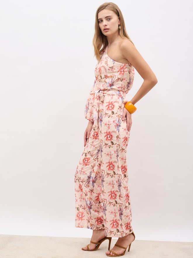 Styli Styli Floral Printed Shiffli One-Shoulder Top and Wide Leg Pants Co-Ords  - Image 3