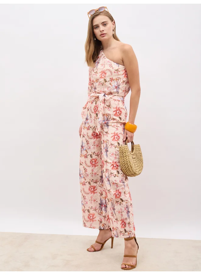 Styli Styli Floral Printed Shiffli One-Shoulder Top and Wide Leg Pants Co-Ords