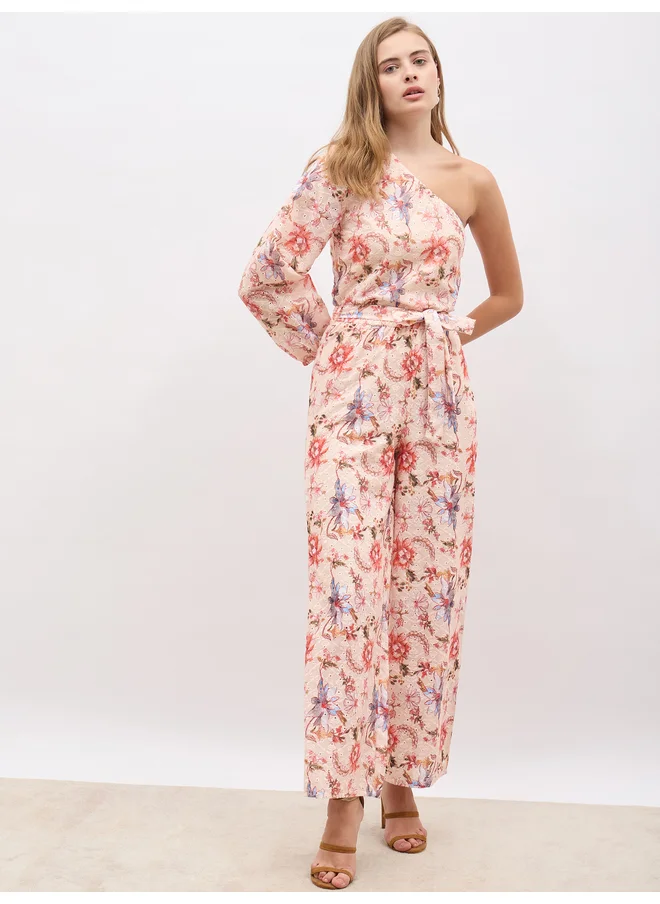 Styli Styli Floral Printed Shiffli One-Shoulder Top and Wide Leg Pants Co-Ords