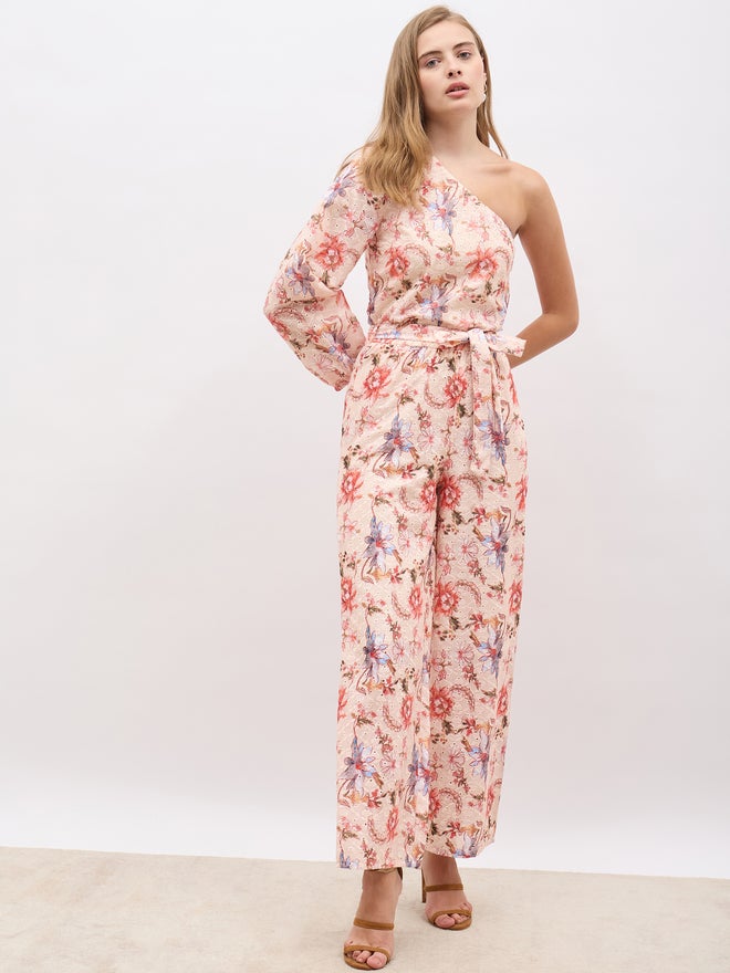 Styli Styli Floral Printed Shiffli One-Shoulder Top and Wide Leg Pants Co-Ords  - Image 2