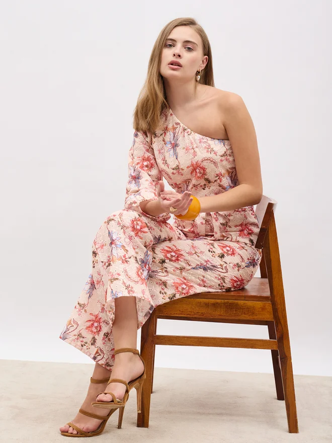 Styli Styli Floral Printed Shiffli One-Shoulder Top and Wide Leg Pants Co-Ords