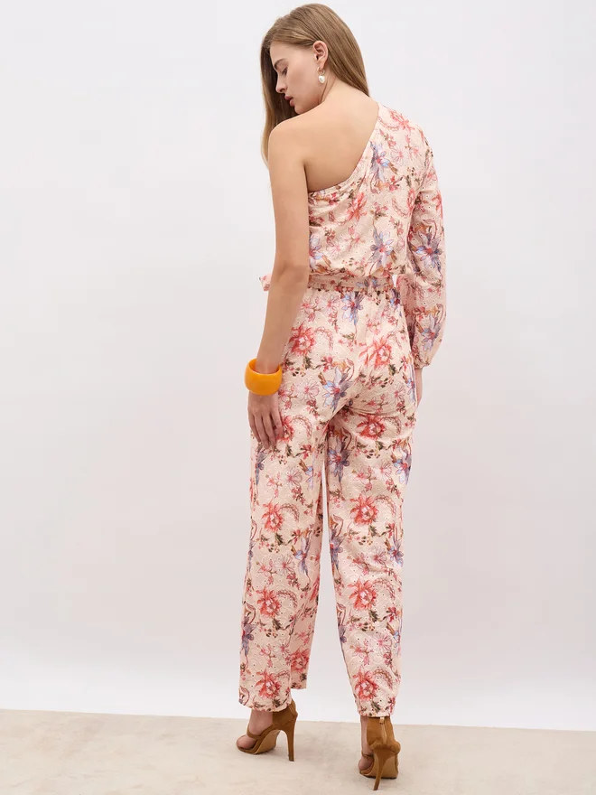 Styli Styli Floral Printed Shiffli One-Shoulder Top and Wide Leg Pants Co-Ords
