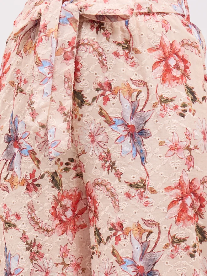 Styli Styli Floral Printed Shiffli One-Shoulder Top and Wide Leg Pants Co-Ords