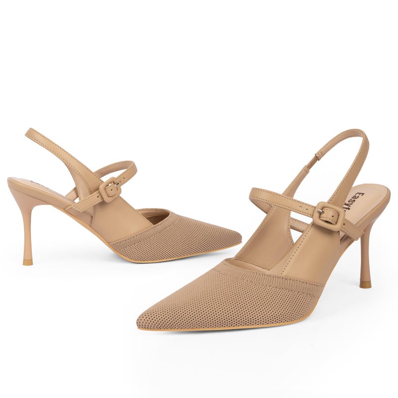 Easyfox Nude Closed Toe Heels for Women Stiletto Heel Knit Slingback Heels Pointed Toe Nude Womens Pumps Dress Wedding High Heel Shoes Size 7.5 - Image 5