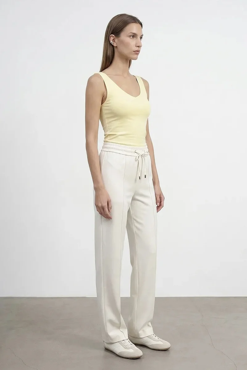 Dilvin Dusty White DILVIN Straight-leg Crepe Trousers With Drawstring Waist for Women | Best Price UAE