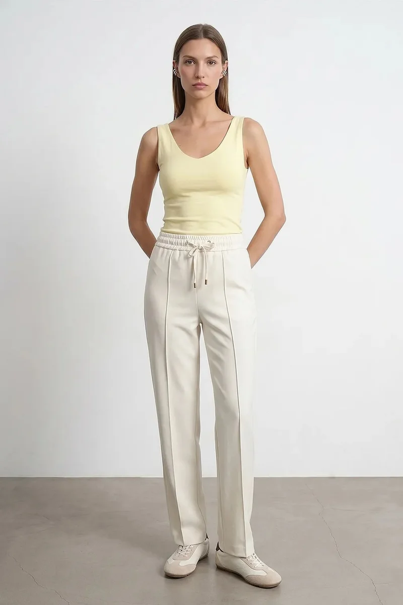 Dilvin Dusty White DILVIN Straight-leg Crepe Trousers With Drawstring Waist for Women | Best Price UAE