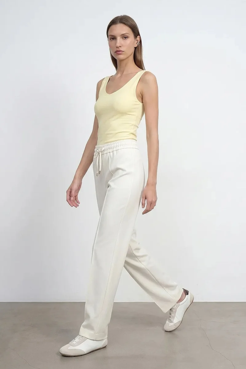 Dilvin Dusty White DILVIN Straight-leg Crepe Trousers With Drawstring Waist for Women | Best Price UAE