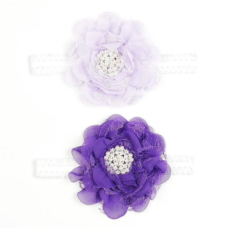 Nishine 2pack Newborn Elactic Lace Crwon Headband Toddler Girls Fabric Flower Pearl Hairband for Baby Shower Birthday Gift PurpleLilac - Image 1
