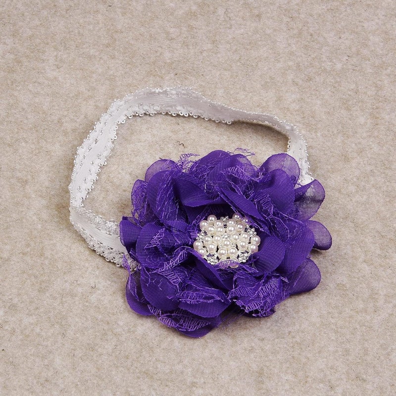 Nishine 2pack Newborn Elactic Lace Crwon Headband Toddler Girls Fabric Flower Pearl Hairband for Baby Shower Birthday Gift PurpleLilac - Image 5