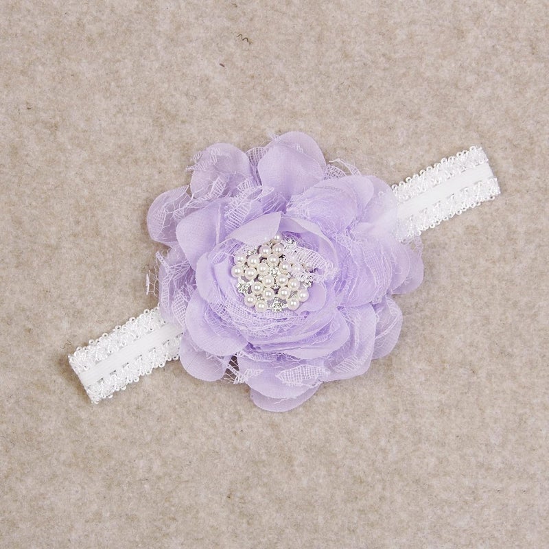 Nishine 2pack Newborn Elactic Lace Crwon Headband Toddler Girls Fabric Flower Pearl Hairband for Baby Shower Birthday Gift PurpleLilac - Image 4