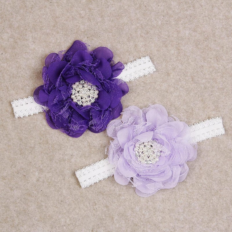 Nishine 2pack Newborn Elactic Lace Crwon Headband Toddler Girls Fabric Flower Pearl Hairband for Baby Shower Birthday Gift PurpleLilac - Image 2