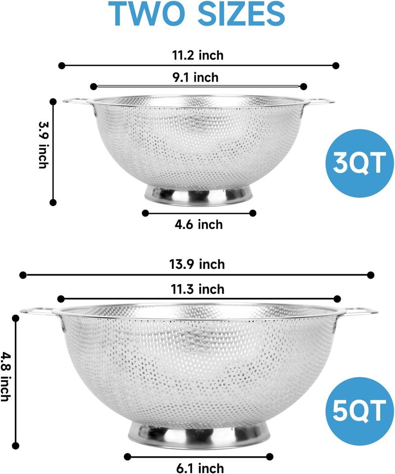 Kteniy 2PCS Colander for Kitchen, 3QT and 5QT, Stainless Steel Colander Strainer with Handle for Fruits Vegetables Cooking Food, Dishwasher Safe - Image 2