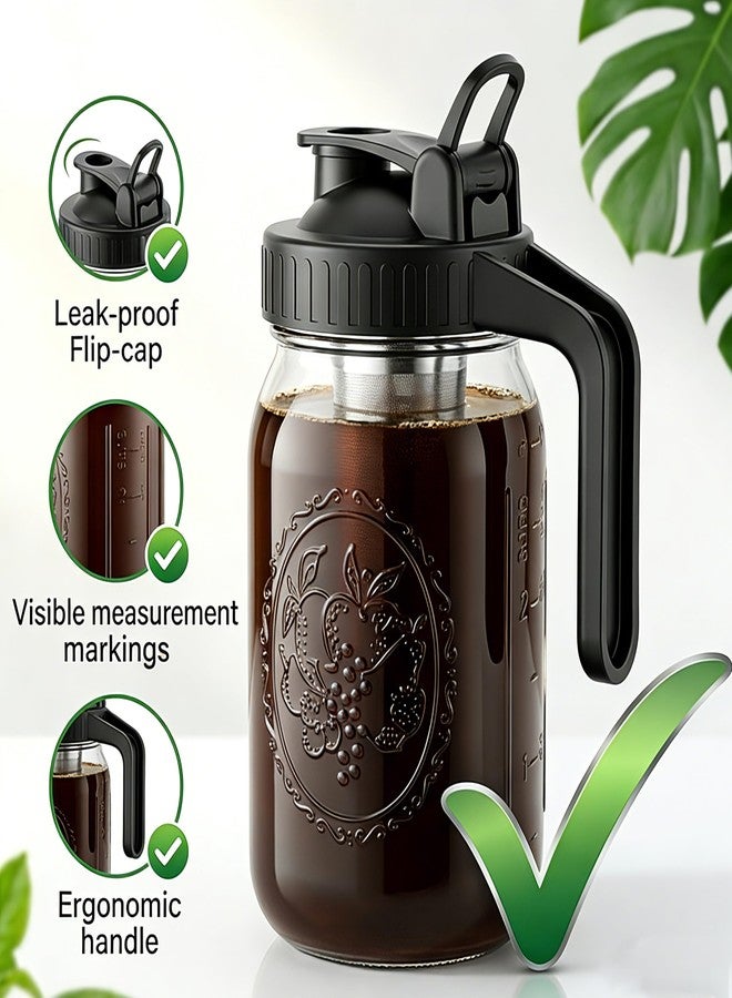 GMSWEET Cold Brew Coffee Maker 32 Oz Wide Mouth Mason Jar Pitcher With stainless steel Filter 1 Quart Airtight & Leak-Proof cold brew pitcher with pour spout lid and handle For iced Coffee Tea and lemonade - Image 3
