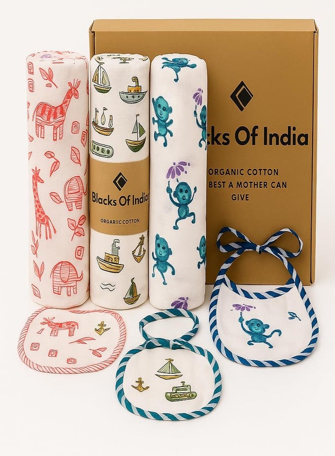 BLOCKS OF INDIA Organic Cotton Baby Muslin Cloth Hand Block Printed Swaddle - (92 x 92 Cm), Pack of 3(Blue,Green, Pink) (0-18 Months) - Image 1