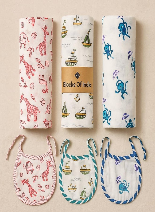 BLOCKS OF INDIA Organic Cotton Baby Muslin Cloth Hand Block Printed Swaddle - (92 x 92 Cm), Pack of 3(Blue,Green, Pink) (0-18 Months) - Image 2
