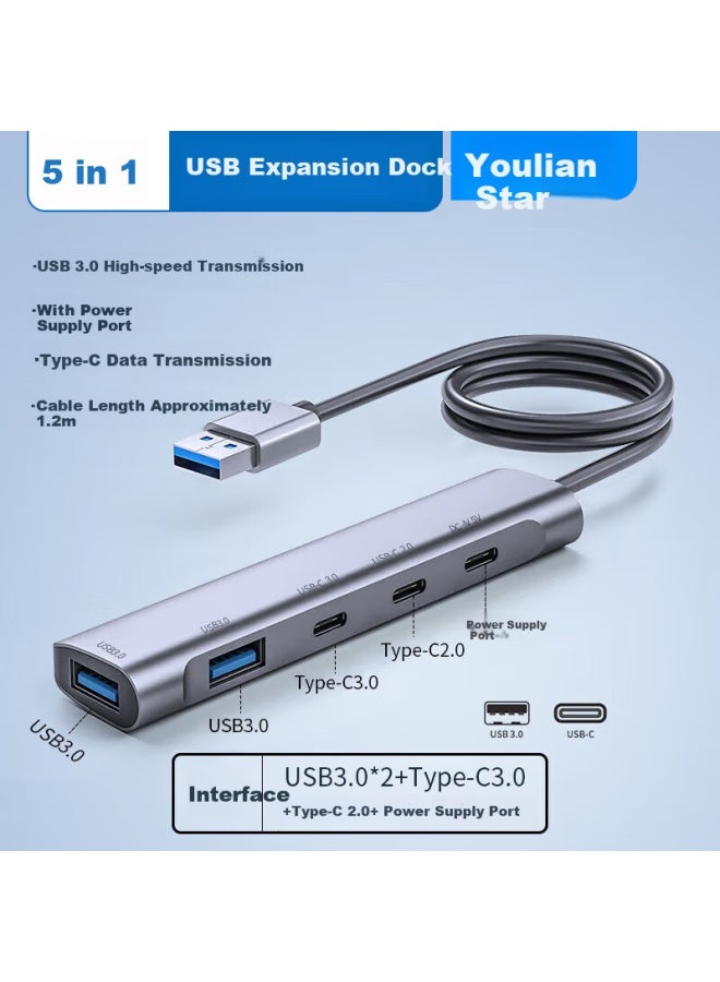 Union Star Yoolink Usb3.0 Expansion Dock Splitter One Drag Four 1.2m Usb/type-c Expansion Dock Hub Hub Desktop Computer Host Extension Cable Ylx-535ap - Image 1