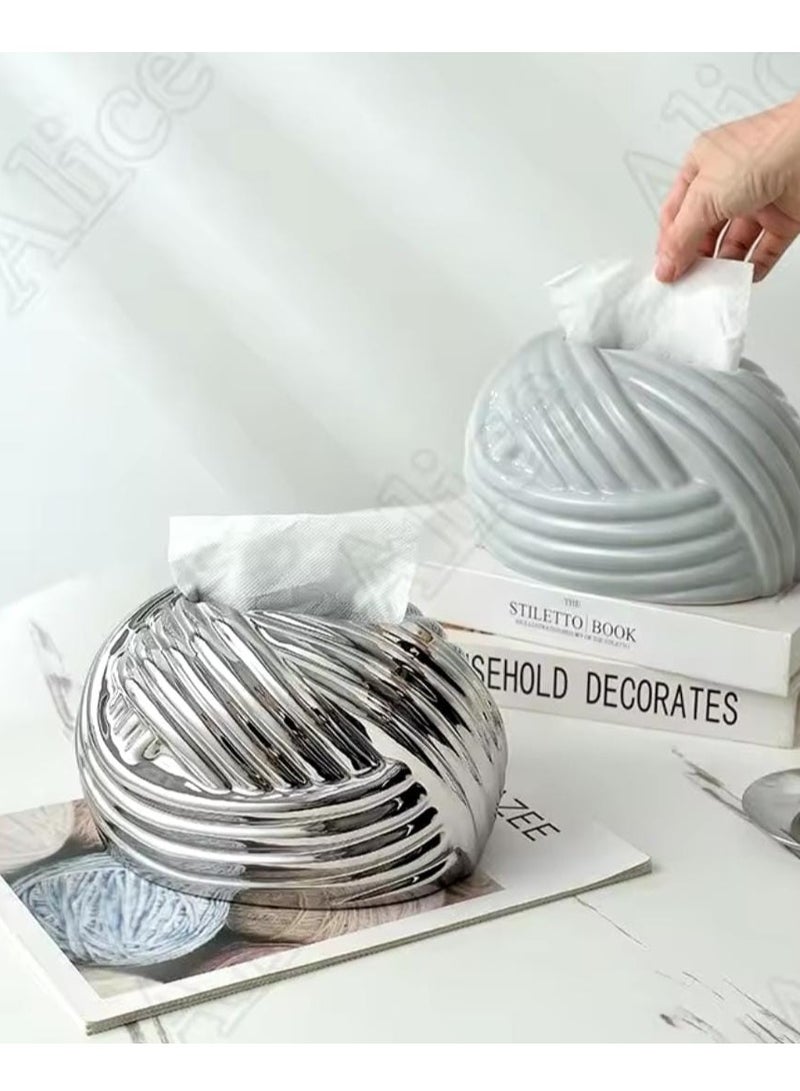 Liying Ceramic Rope Design Tissue Box Vanity Top Ceramic Abstract for Livinh room, Home Decor Shelf, Tissue Box Organizer (Silver) - Image 3