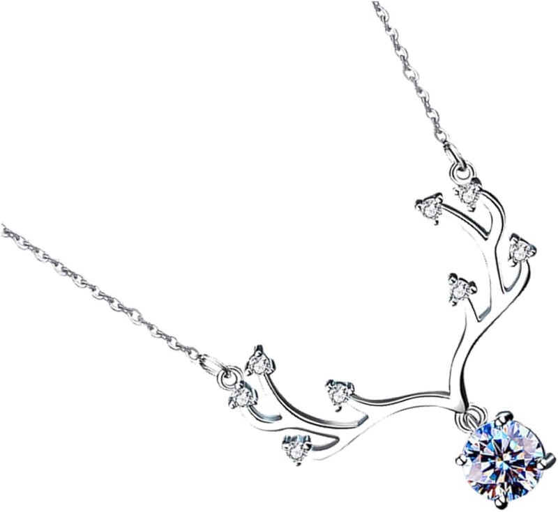 Silver Moissanite Antler Pendant Necklace For Women Fashion Clavicle Chain Jewelry Gift - Image 1