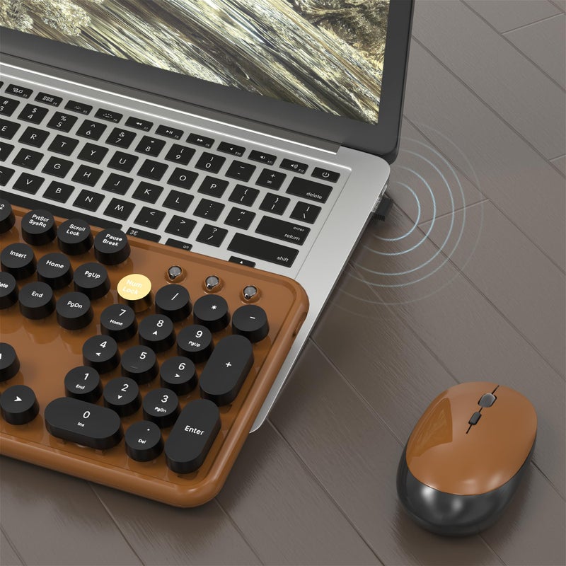 MPTOG Colorful Wireless Computer Keyboard and Mouse Combo with Round Typewriter Keycaps, Retro Design, Power Switch, Ergonomic Design, 2.4GHz Wireless for Windows, Mac, PC(Black-Brown) - Image 4