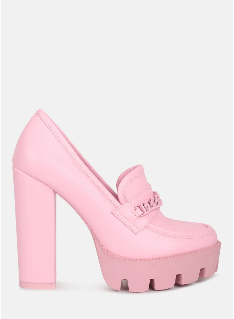 London Rag Women's Chunky Chain Link Heeled Loafers in Pink