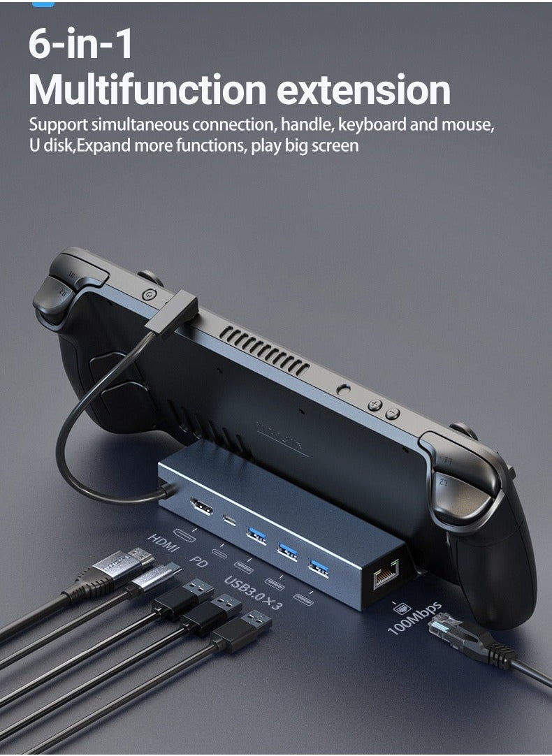 Generic - محطة شحن لفالڤ ستيم دك، 6 في 1 ستيم دك مع HDMI 4K@60Hz، USB C PD 100W، RJ45 إيثرنت، 3 USB 3.0 حوامل ألومنيوم ستيم دك - Image 1