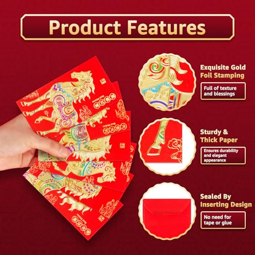 Easozoom 36PCS Horse Chinese Red Envelopes, Lunar New Year 2026 Lucky Money Hong Bao Gift for Spring Festival, 6.7×3.55 Inch-B1 - Image 4