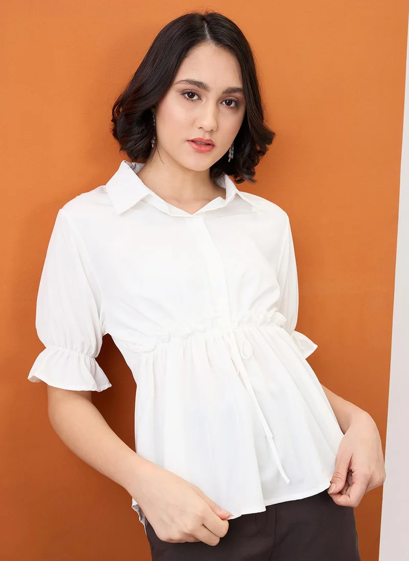globus Globus Women White Shirt Collar Puff Sleeves Solid Waist Tie-Up Workwear Peplum Top