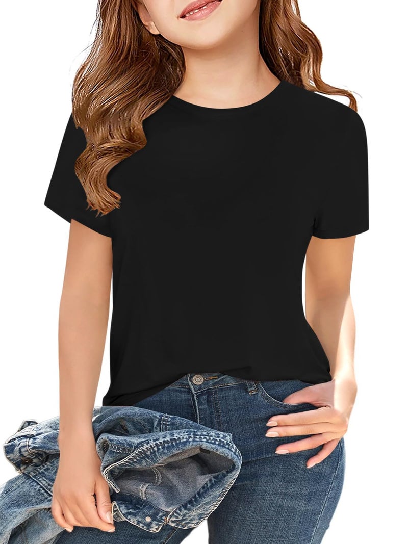 Haloumoning Girls Short Sleeve T Shirts Kids Summer Tops Crewneck Tees 5-14 Years Black - Image 1