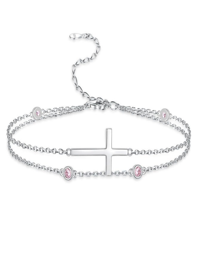 MANBU Sterling Silver Cross Birthstone Bracelet: Women Cross Month Stone Double Layer Chain Bracelet Birthday Gift (10-October) - Image 1