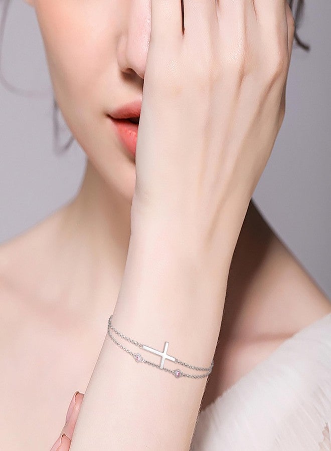 MANBU Sterling Silver Cross Birthstone Bracelet: Women Cross Month Stone Double Layer Chain Bracelet Birthday Gift (10-October) - Image 4