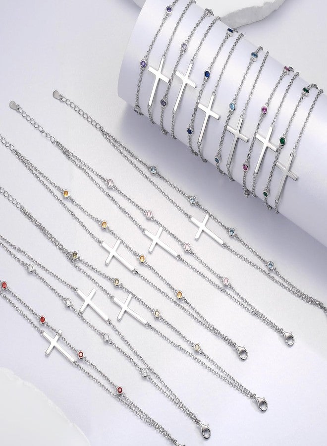 MANBU Sterling Silver Cross Birthstone Bracelet: Women Cross Month Stone Double Layer Chain Bracelet Birthday Gift (10-October) - Image 3