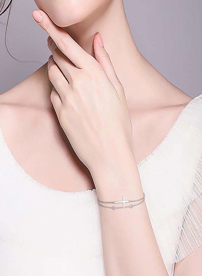 MANBU Sterling Silver Cross Birthstone Bracelet: Women Cross Month Stone Double Layer Chain Bracelet Birthday Gift (10-October) - Image 5