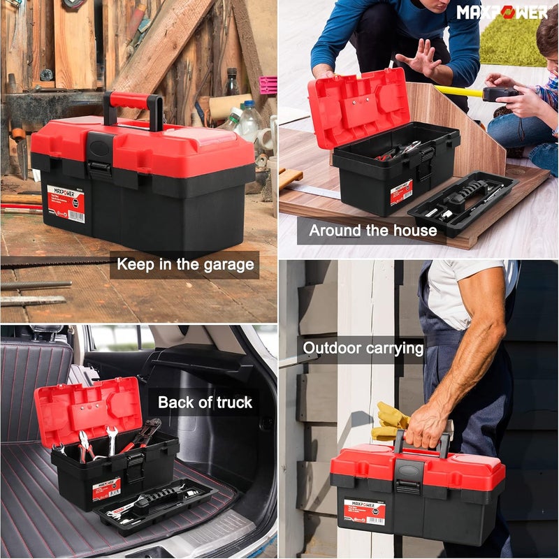 Max Power Small Tool Box, 14-inch Plastic Tool Boxes with Handle, Removable Tray with Dual Lock Secured, Red Toolbox for Home - Image 5