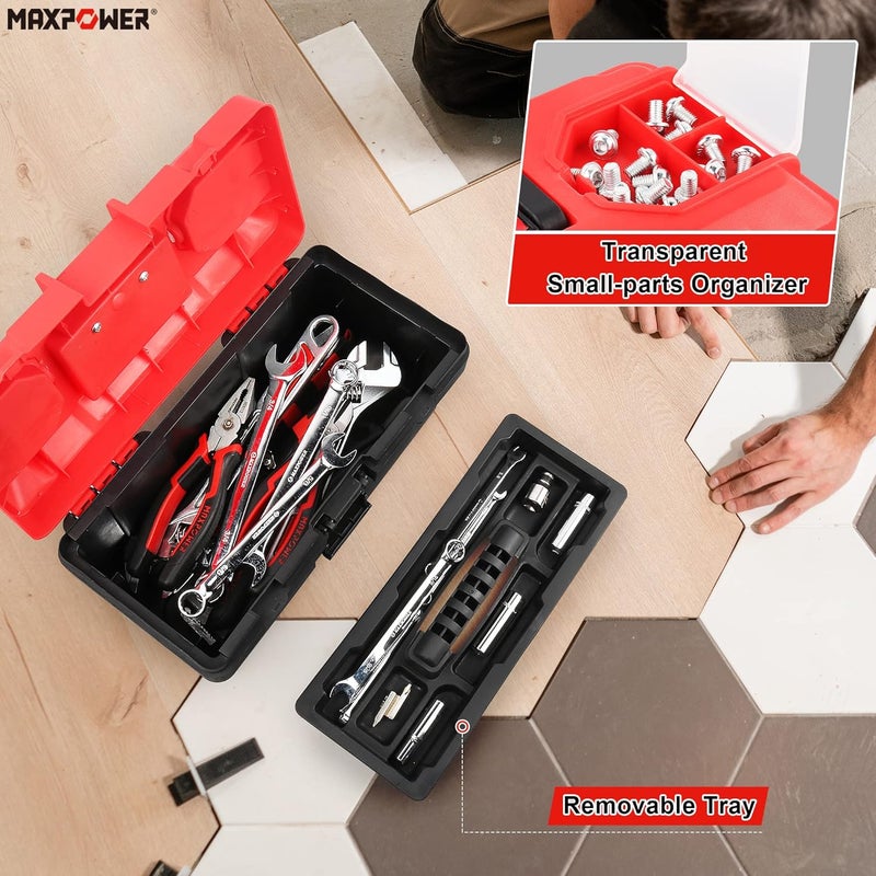Max Power Small Tool Box, 14-inch Plastic Tool Boxes with Handle, Removable Tray with Dual Lock Secured, Red Toolbox for Home - Image 4