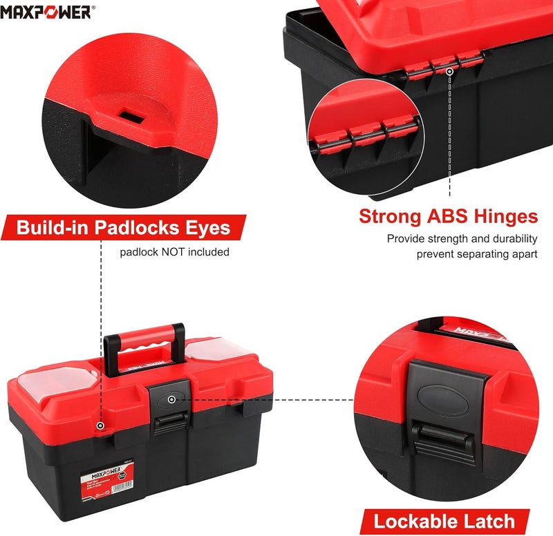Max Power Small Tool Box, 14-inch Plastic Tool Boxes with Handle, Removable Tray with Dual Lock Secured, Red Toolbox for Home - Image 3