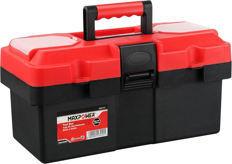 Max Power Small Tool Box, 14-inch Plastic Tool Boxes with Handle, Removable Tray with Dual Lock Secured, Red Toolbox for Home - Image 1