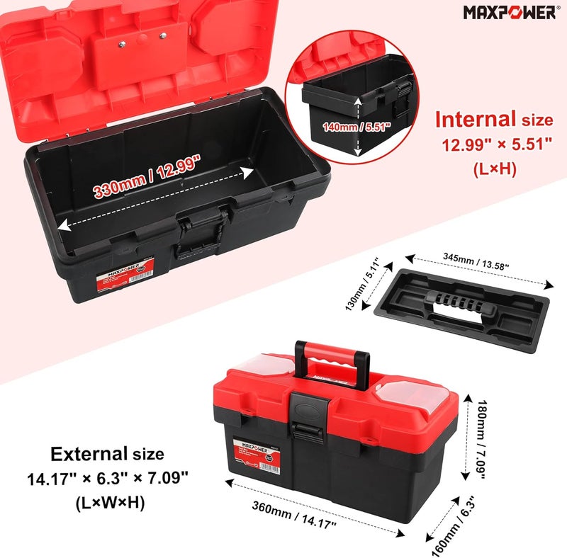 Max Power Small Tool Box, 14-inch Plastic Tool Boxes with Handle, Removable Tray with Dual Lock Secured, Red Toolbox for Home - Image 2