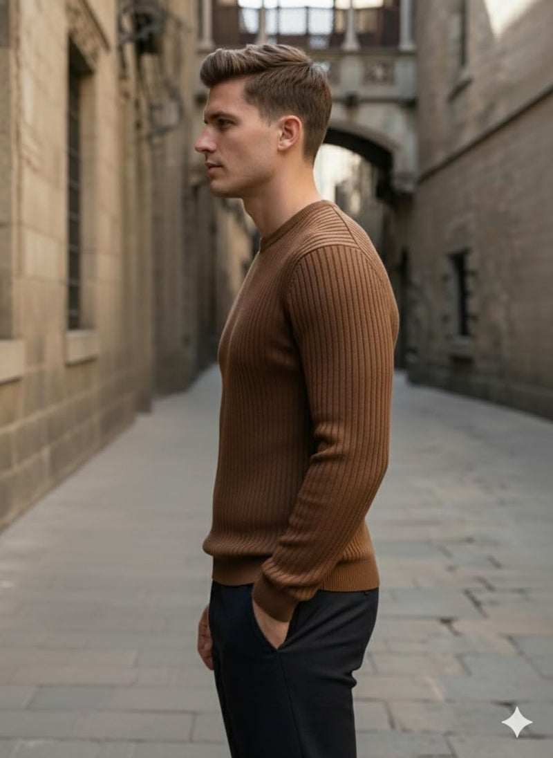 Pivl Men's Winter Round Neck Solid Sweater_Coffee-XL - Image 4