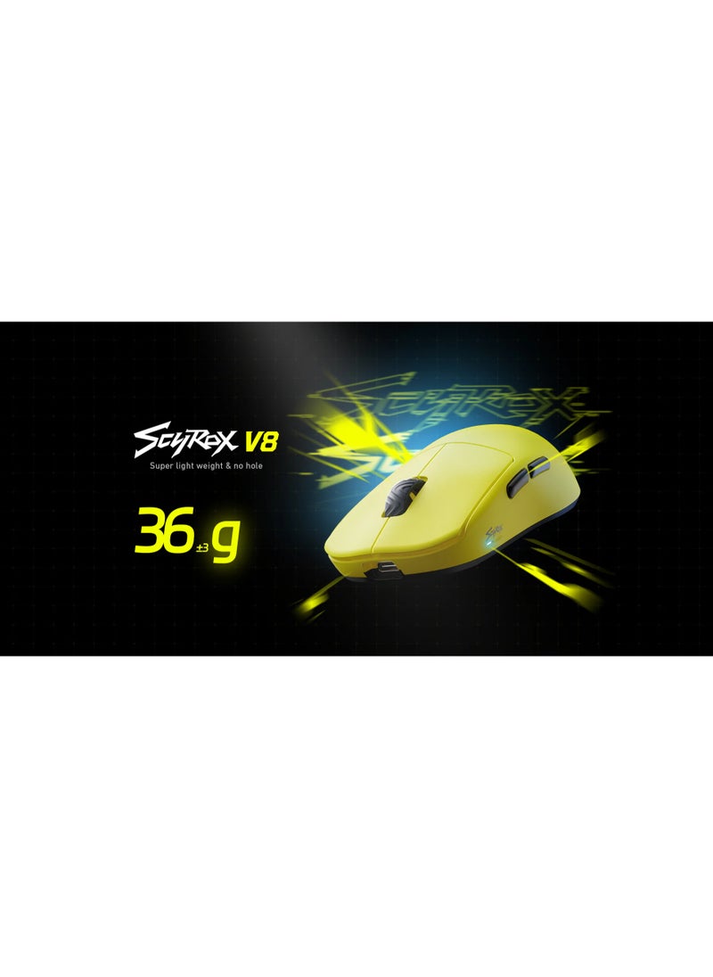 Scyrox - Scyrox V8 Lightweight Low Latency Ergonomic Wireless Mouse for Laptop features exceptional performance that takes your gaming experience to a new level. It comes with an 8K dongle that lets you easily enjoy an amazing 8000Hz polling rate. You can count on fast and accurate responses during intense gaming sessions. Yellow - Image 1