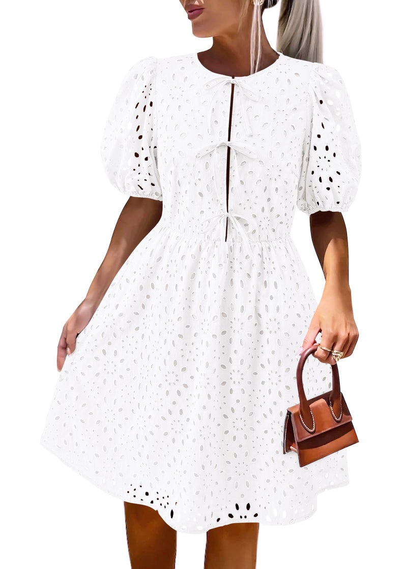 KIRUNDO Womens Summer Dresses 2025 Short Puff Sleeve Open Tie Front Eyelet Hollow Out A Line Wedding Guest Beach Sundress(White, Medium) - Image 1