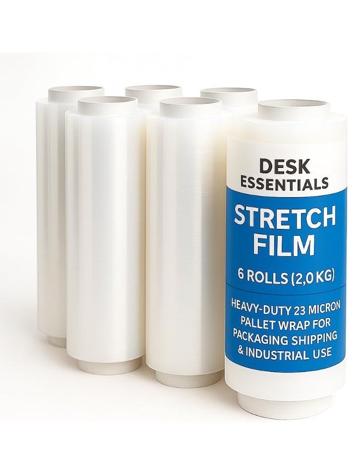 Aoura Grp DESK ESSENTIALS Stretch Film – 6 Rolls (2.0 kg) | Heavy-Duty 23 Micron Pallet Wrap for Packaging, Shipping & Industrial Use - Image 1
